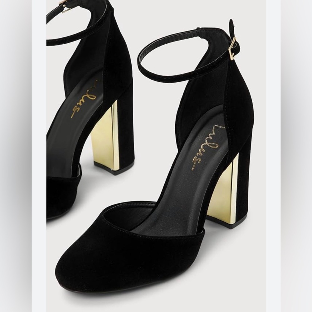 Luxe Black Ankle-Strap Block Heel Pumps